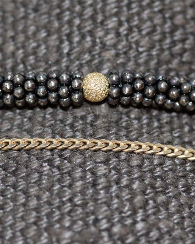 Bracelet Double Bhoutan Vermeil & Argent Oxydé 1 Sphère Or 18 carats