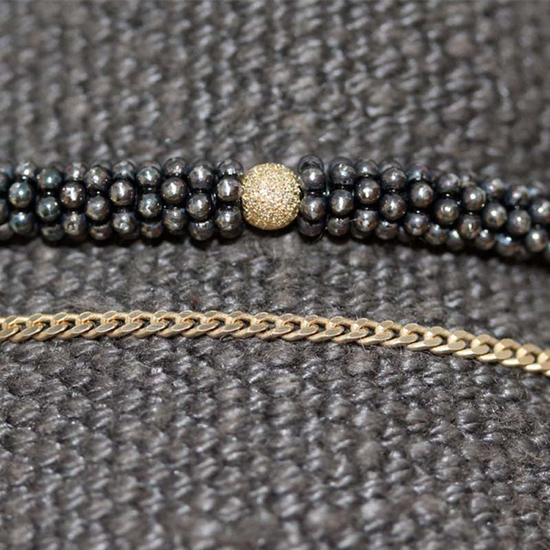 Bracelet Double Bhoutan Vermeil & Argent Oxydé 1 Sphère Or 18 carats