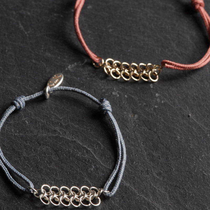 Bracelet Cotte de Mailles Enfant Argent 925 & Coton Bleu Fumé