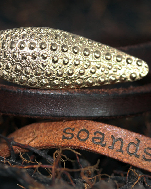 Bracelet Double Cuir Brun Oursin Argent 925 Doré à l'Or Fin