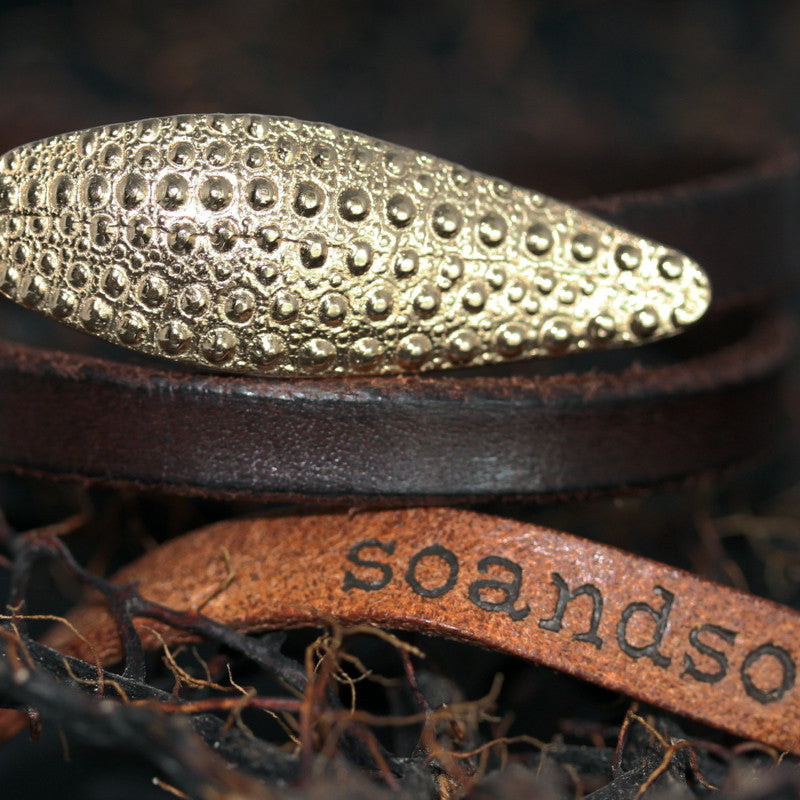 Bracelet Double Cuir Brun Oursin Argent 925 Doré à l'Or Fin