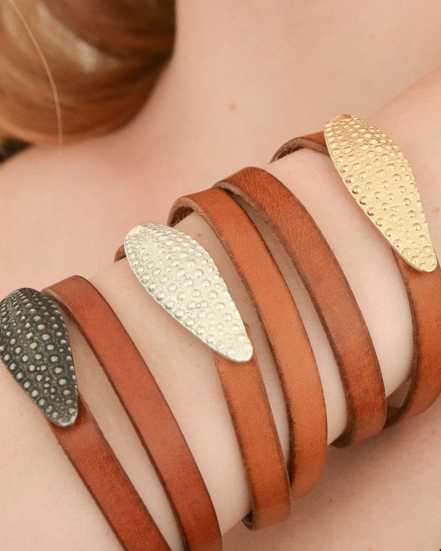 Bracelet Double Cuir Brun Oursin Argent 925 Doré à l'Or Fin