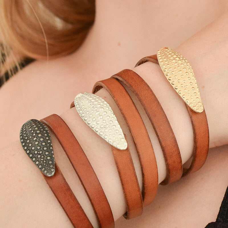 Bracelet Double Cuir Tabac Oursin Argent 925