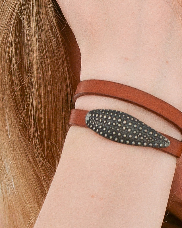 Bracelet Double Cuir Tabac Oursin Argent 925 Oxydé