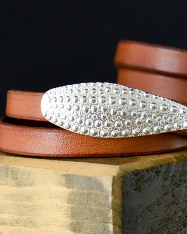 Bracelet Double Cuir Tabac Oursin Argent 925