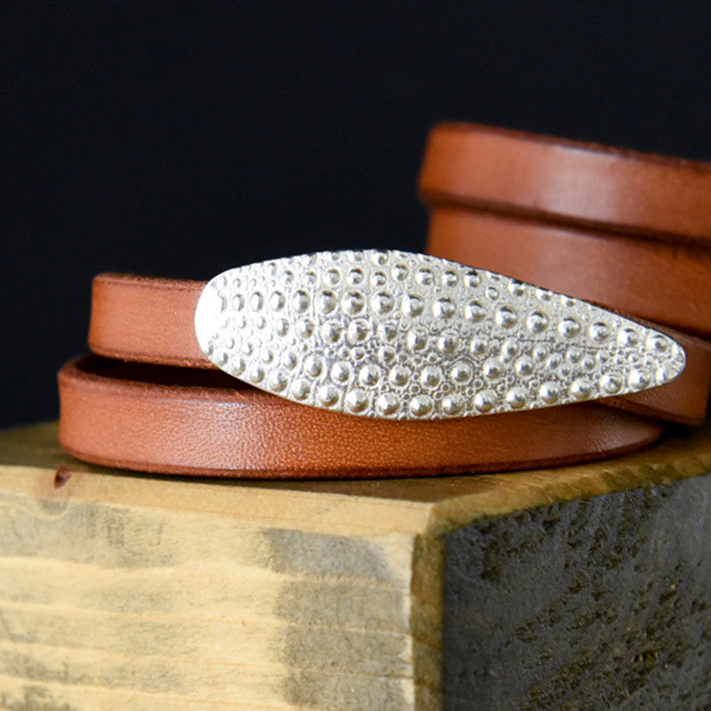 Bracelet Double Cuir Tabac Oursin Argent 925
