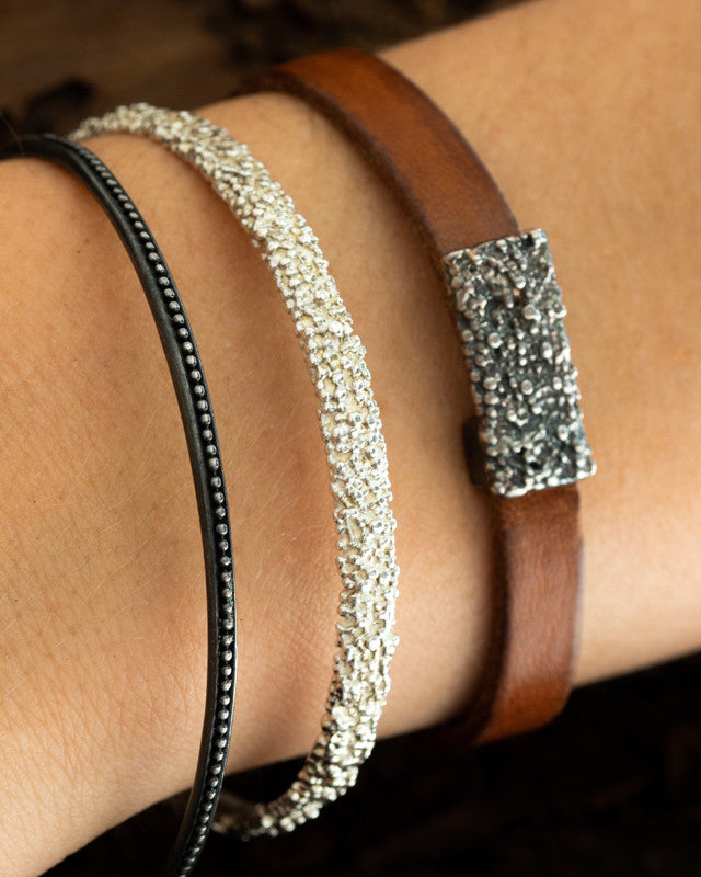 Bracelet Lichen Cuir Brun & Argent Oxydé