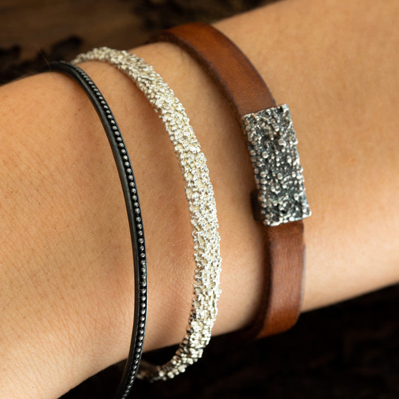 Bracelet Lichen Cuir Brun & Argent Oxydé