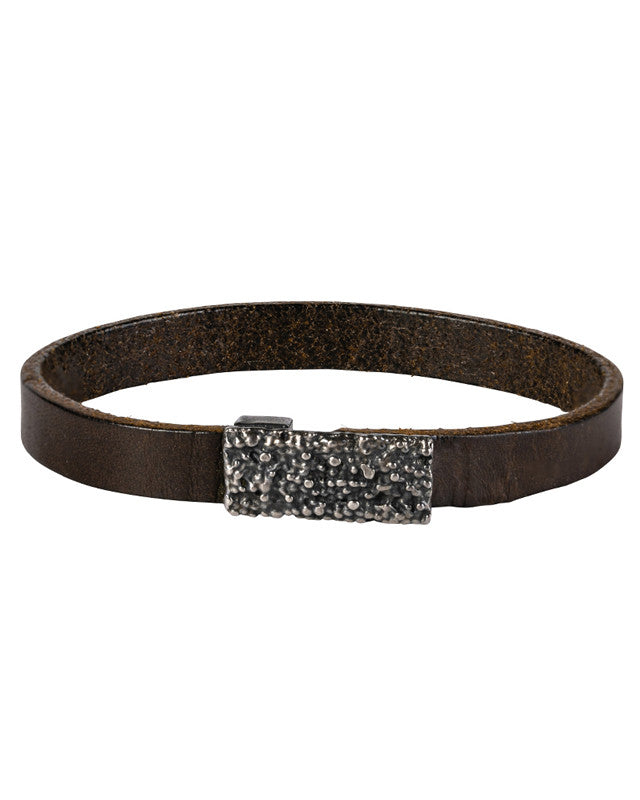 Bracelet Lichen Cuir Brun & Argent Oxydé