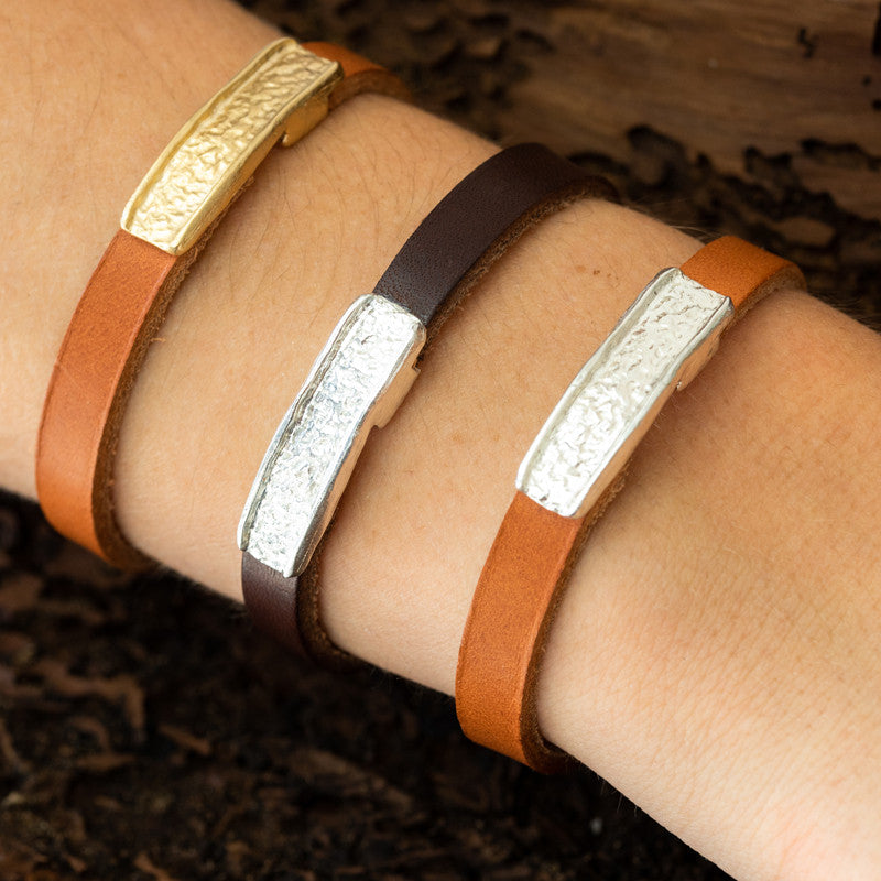 Bracelet Magma Cuir Brun & Argent Doré à l'Or Fin